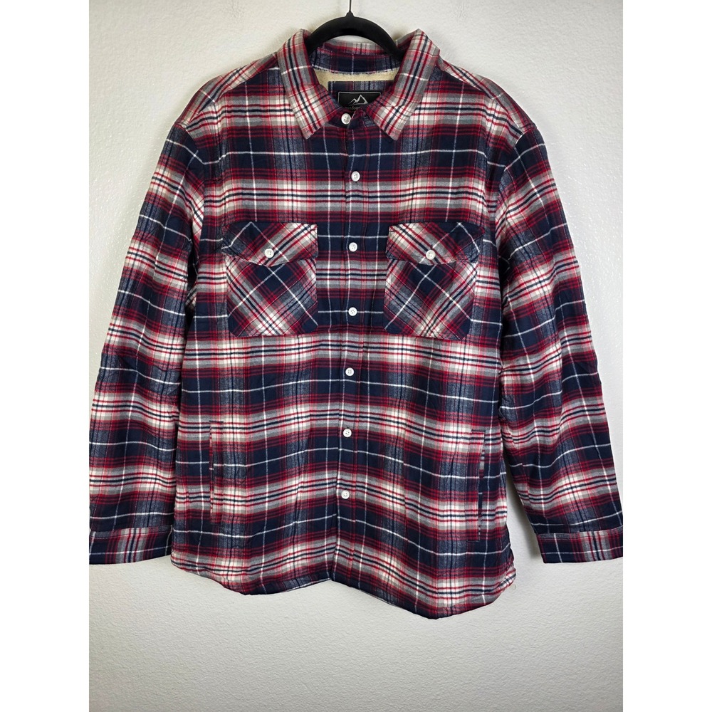 Outdoor Jacket Men Large Red Plaid Sherpa Lined Flannel Shirt Jacket Heavyweight